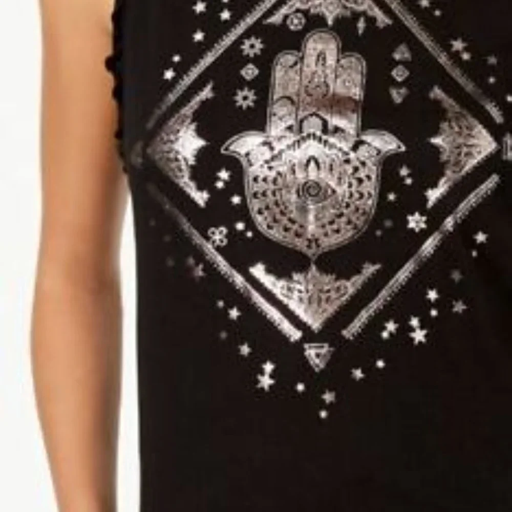 Rebellious One Teen Girls Juniors Hamsa Hand Graphic Black Tank Top Tee Medium